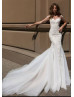 Short Sleeve Beaded Ivory Lace Tulle Wedding Dress